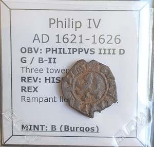 Antique: #o945# Spanish Medieval 2 maravedis coin of Philip IV from 1621-1626 AD