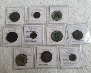 Antique: Lot of 10 professionally cleaned & identified Spanish coins from 1636-1878 AD