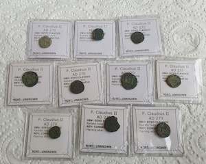 Lot of 10 professionally cleaned & identified Roman coins of Claudius II, 270 AD