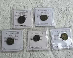 Antique: Lot of 5 professionally cleaned & identified Roman coins of Claudius II, 270 AD