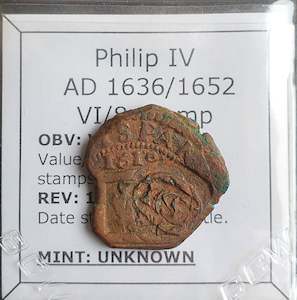 Antique: #o024# Spanish Countermarked 8 maravedis coin of Philip IV, 1652 AD