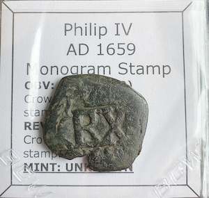 Antique: #o986# Spanish Countermarked 4 maravedis coin of Philip IV, 1659 AD