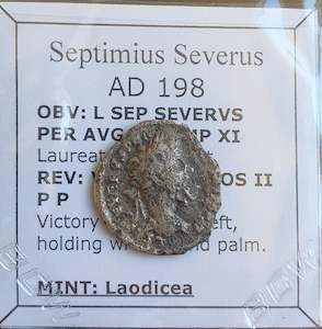 Antique: #o178# Roman silver denarius coin of Septimius Severus from 198 AD