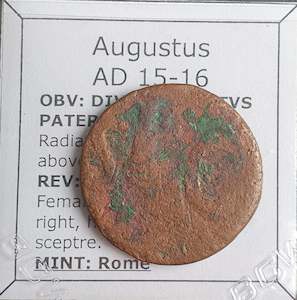 #N332# Roman Ae As coin of Augustus from 15-16 AD