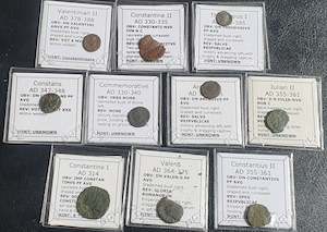 Ex-dealers lot of 10 Ancient bronze Roman coins from 314-395 AD