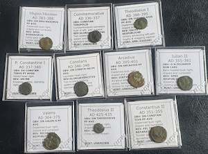 Ex-dealers lot of 10 Ancient bronze Roman coins from 336-435 AD