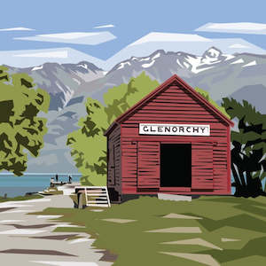 Ira Mitchell- The Red Shed at Glenorchy. Boxed canvas