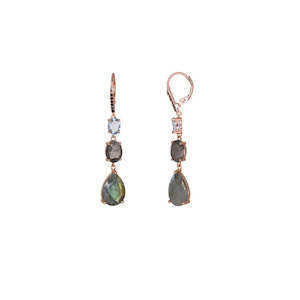 Rose Gold Labrodite, Blue Topaz and Quartz Drop Earrings