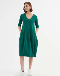 Tirelli V Neck Diagonal Seam Dress Emerald