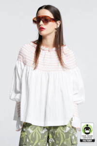 Karen Walker Gaia Long Sleeve Smocked Blouse - Off White/Watermelon