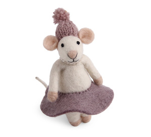 White Mouse with Purple Dress Felted Decoration