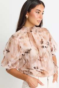 Influential Faded Shirred Top - Chocolate Floral