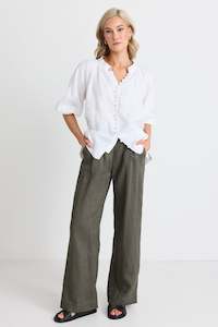 Bestow Linen Elastic Waist Pants - Dark Olive