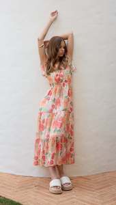 Clothing: Aida Flutter Sleeve Midi Dress - Apricot/Floral