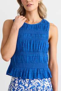 Tuscany Shirred Cotton Sleeveless Top - Cobalt Blue