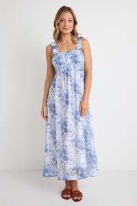 Halo Shirred Midi Dress - Blue Floral