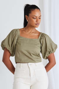 Lily Light Linen Puff Sleeve Top - Khaki