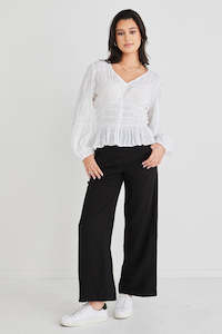 Renaissance Shirred Cotton V Neck Top - White