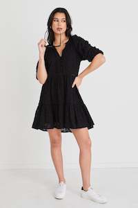 Gemini Baloon Sleeve Tiered Mini Dress - Black