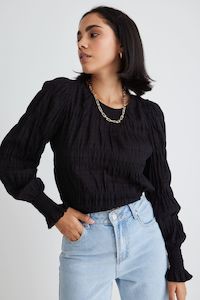 Grace Shirred L/S Tie Top - Black