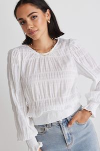 Grace Shirred L/S Tie Top - White