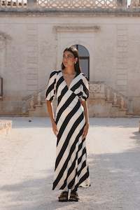 Amora SS Bias Midi Dress - Black/White Stripe