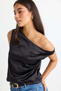 Revered Satin Off Shoulder Top - Black