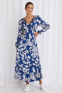 Resonance Satin Wrap Dress - Blue Floral