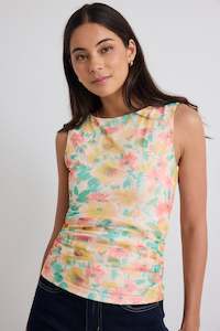 Clothing: Rapid Mesh Gathered Side Sleeveless Top - Golden Floral Mesh