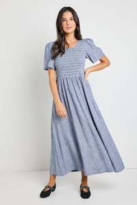 Wren Chambray Shirred Bodice Midi Dress - Blue