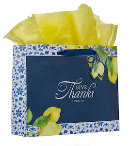 Give Thanks Blue and Yellow Lemon Large Landscape Gift Bag - 1 Thessalonians 5:18