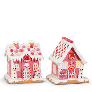 Pink with Red and White Trimmed Gingerbread Houses