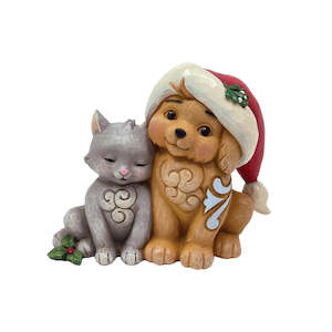 Jim Shore Heartwood Creek - Kitten With Puppy In Santa Hat