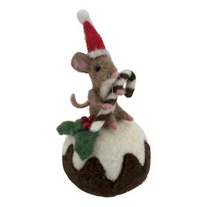 Felts: Mouse Sitting on a Christmas Pudding Holding a Candy Cane