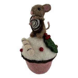 Mouse Sitting on a Pink and White Cupcake