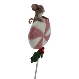 Mouse Sitting on a Pink and White swirl Lollie Pop with a touch of holly