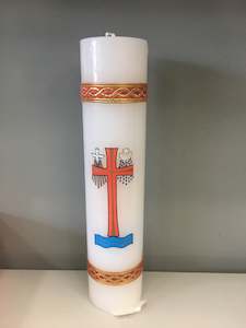 Stationery: Baptism Candle White Slimline W Transfer - Red/Gold ribbon