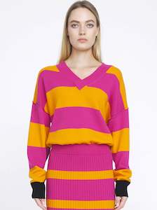 Aleger Stripe V Neck Fushia