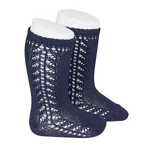 Side Openwork Knee High Socks Navy