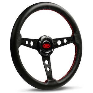 Steering Wheel - Leather 14" ADR Retro Black Spokes, Red Stitching - SAAS