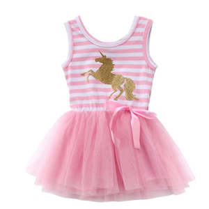 Specialised food: Girls Pink Unicorn Striped Party Dress