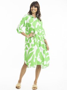 Print Linen Shirt Dress in Green