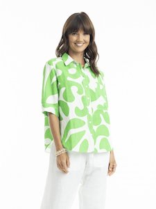 Print Linen Boxy Shirt in Green