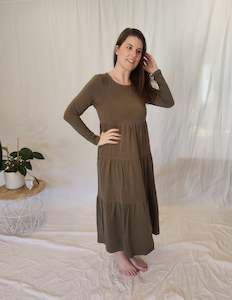 Long Sleeved Cotton Layered Dress - Olive