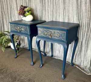 Queen Anne Style Dark Teal & Vintage Gold Bedside pair