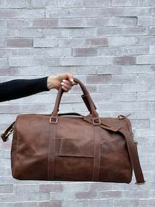 Brown Rubbed Leather Overnight Bag -  silver componentry *