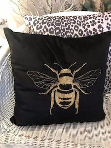 Bee Cushion Cover Black Velvet & Gold