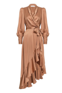 Silk Wrap Midi Dress (Biscuit)