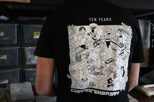 Coffee: Ten Years of Coffee Embassy Tee - White on Black