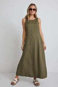 Easygoing Soft Khaki Linen Blend Sleeveless Crew Neck Midi Dress